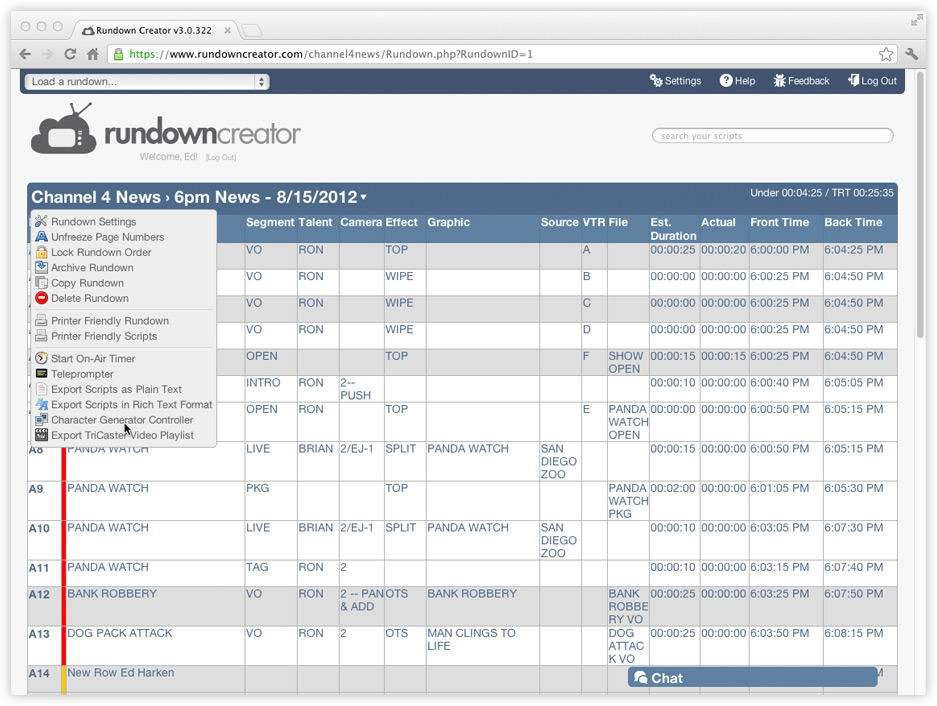 Rundown Creator's Character Generator Controller option in the Rundown Menu