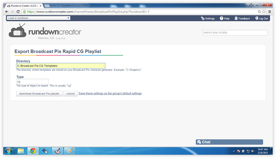 Export Broadcast Pix Rapid CG Playlist page