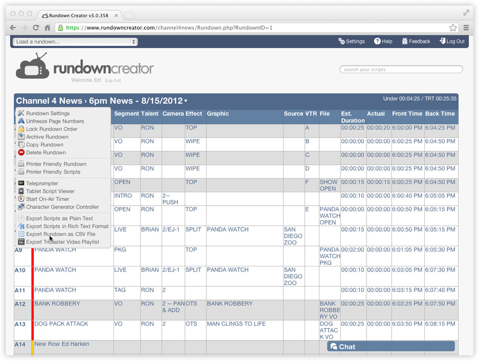 Exporting your TV/radio rundown as a CSV file