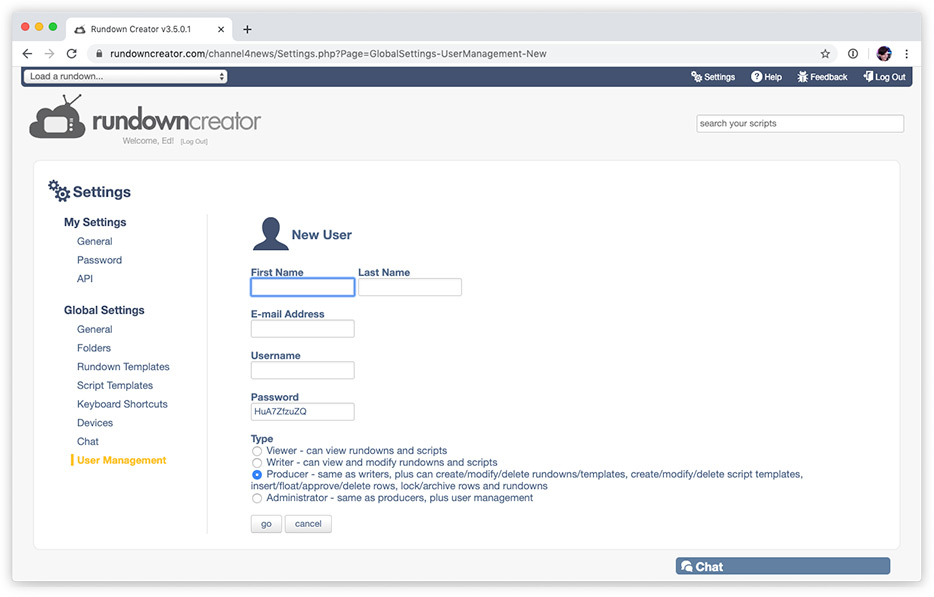 User management in Rundown Creator