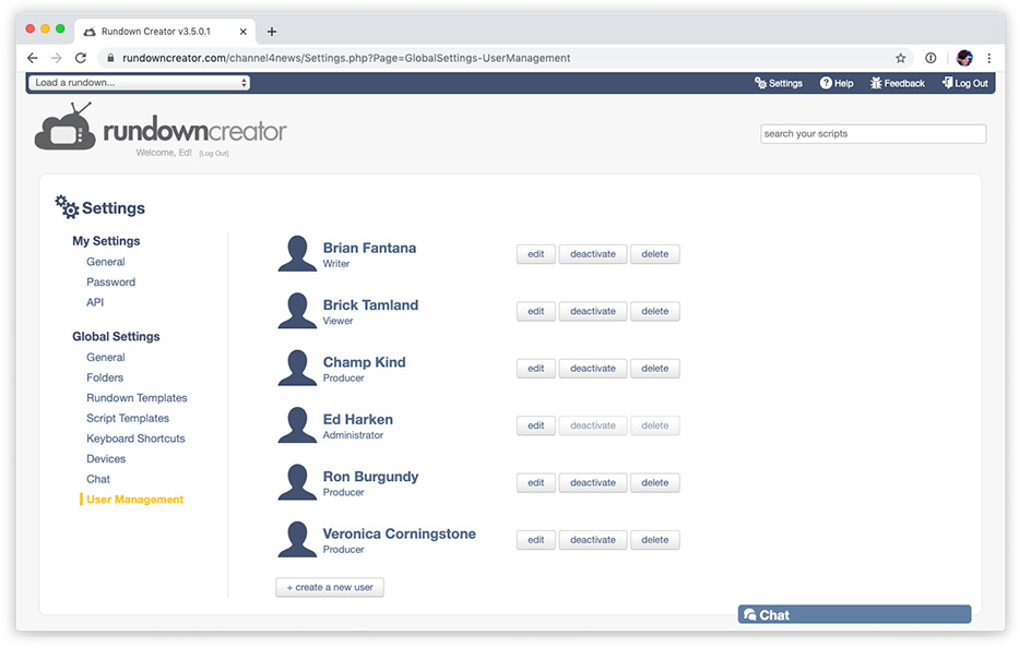 User management in Rundown Creator
