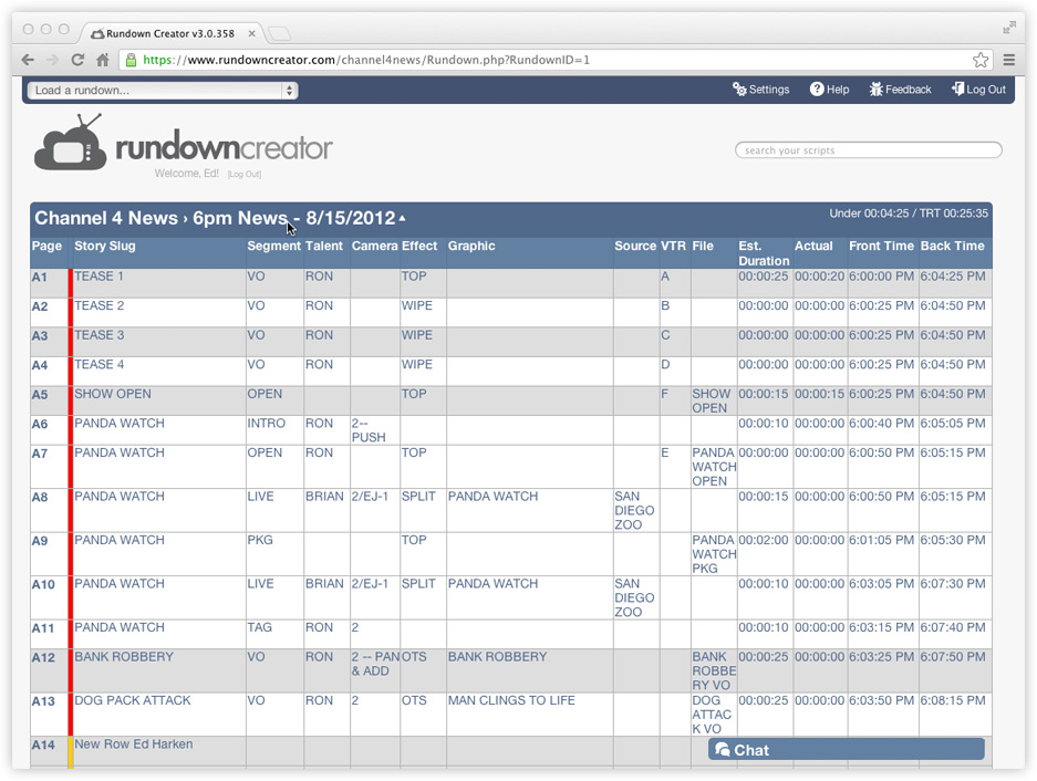 Where to click to find the Rundown Menu